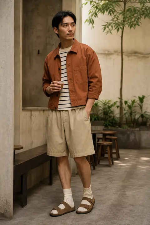 Rust Work Jacket with Tailored Bermuda Shorts