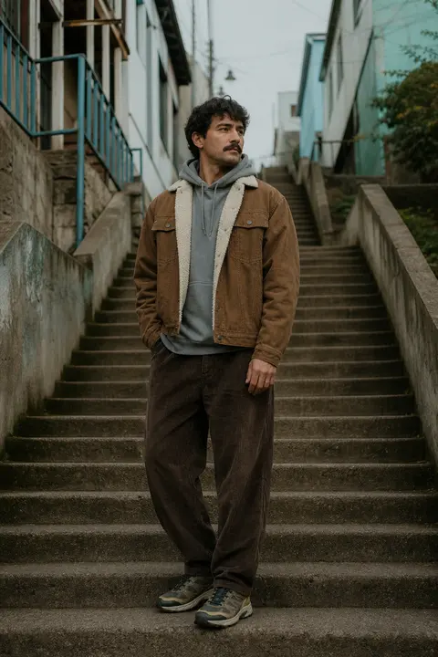 Brown Corduroy Jacket over a Gray Hoodie