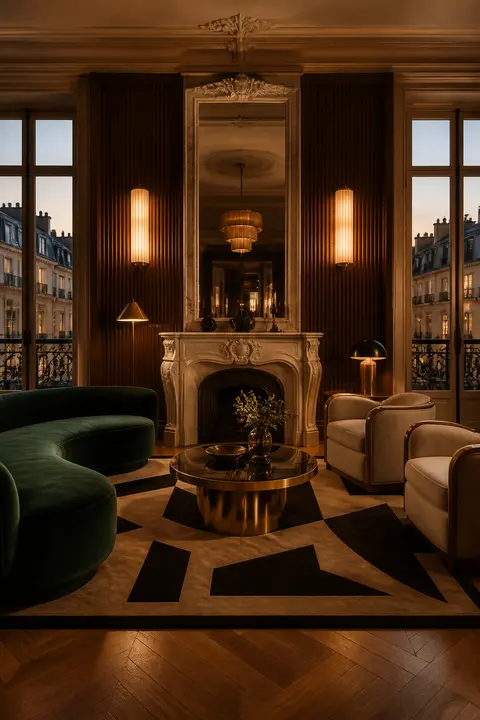Parisian Art Deco Salon in Emerald and Walnut