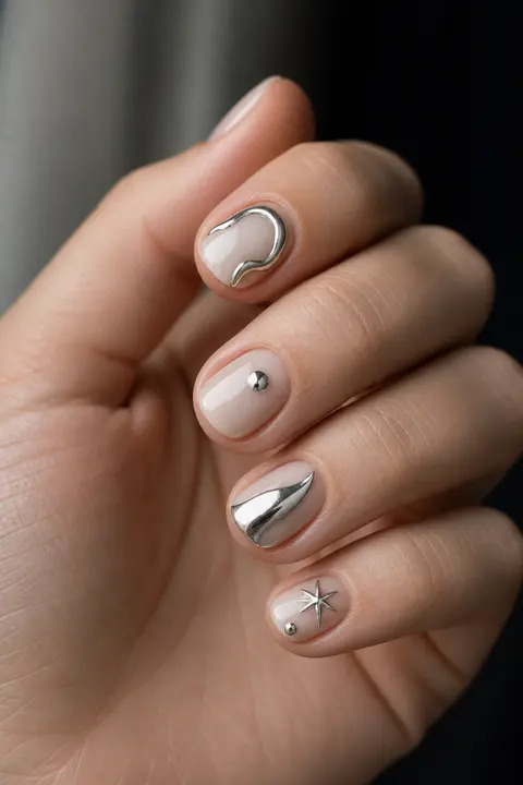 Sculptural Silver Chrome on Short Natural Round Nails