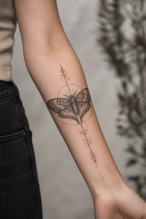 Engraving-style Moth Tattoo on Inner Forearm