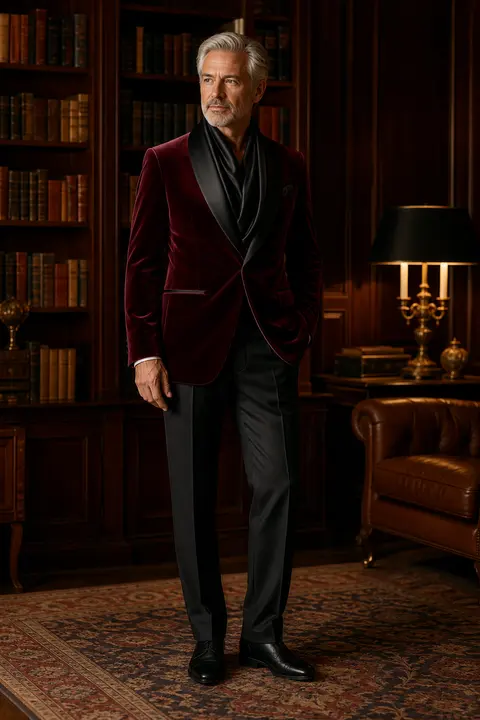 Burgundy Velvet Smoking Jacket in a Library