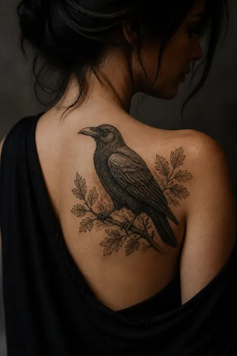 Woodcut Raven and Branch Shoulder Tattoo