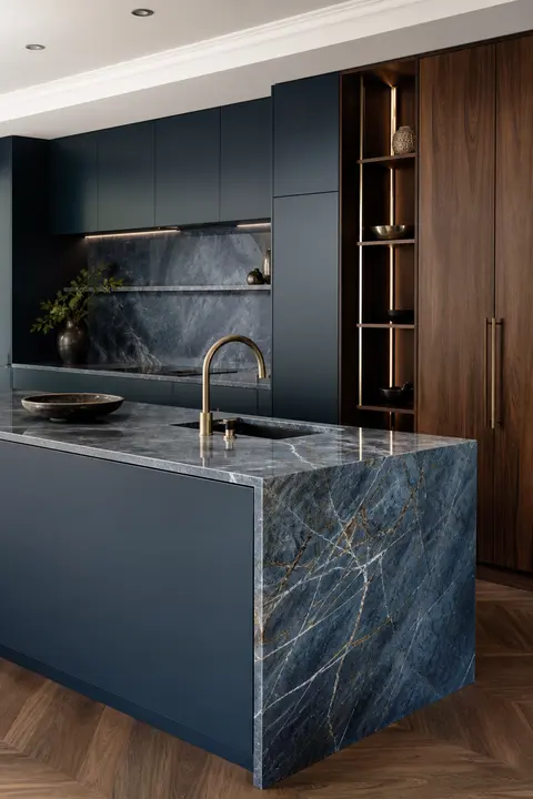 Navy Kitchen with a Blue Quartzite Island