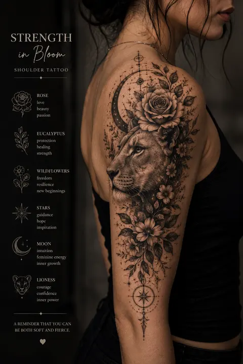 Lioness and Floral Shoulder Tattoo with Moon Details