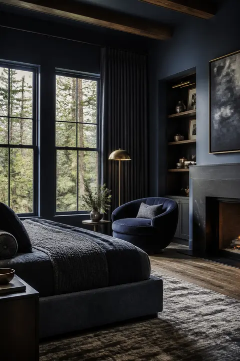 Moody Navy Bedroom, Reading Nook and Chair