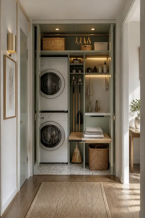 Hidden Laundry Closet with Stacked Machines