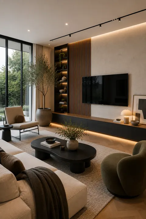 Modern Living Room with Wood Slat TV Wall