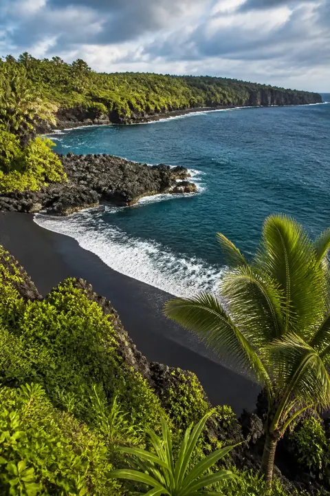 Hawaiian Black-sand Coast from a Cliff View