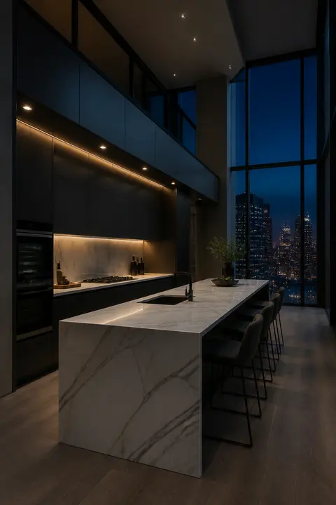 Black Penthouse Kitchen with a Marble Island