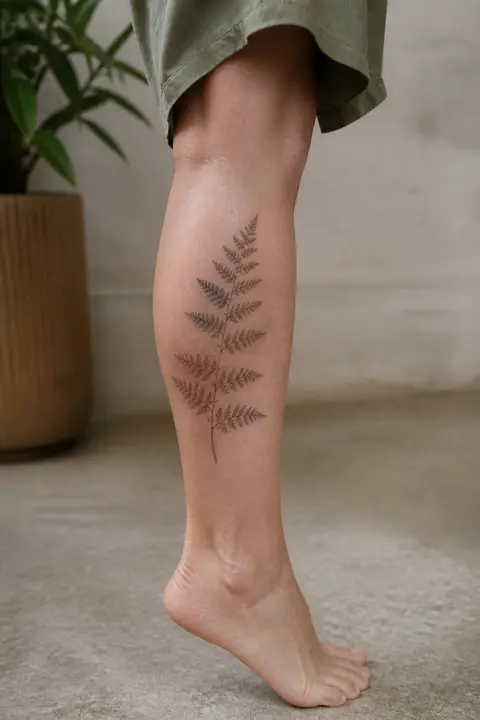 Fine-line Botanical Fern Tattoo for Outer Calf Placement