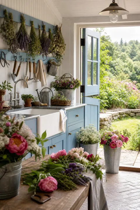 Cottage Flower Room with Blue Cabinetry