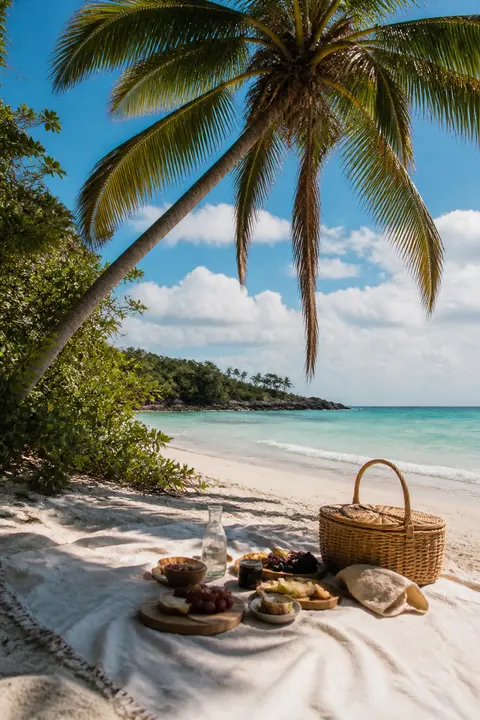 Quiet Picnic at Caribbean Palm-fringed Beach