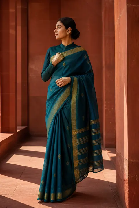 Teal Silk Sari with Antique Gold Border
