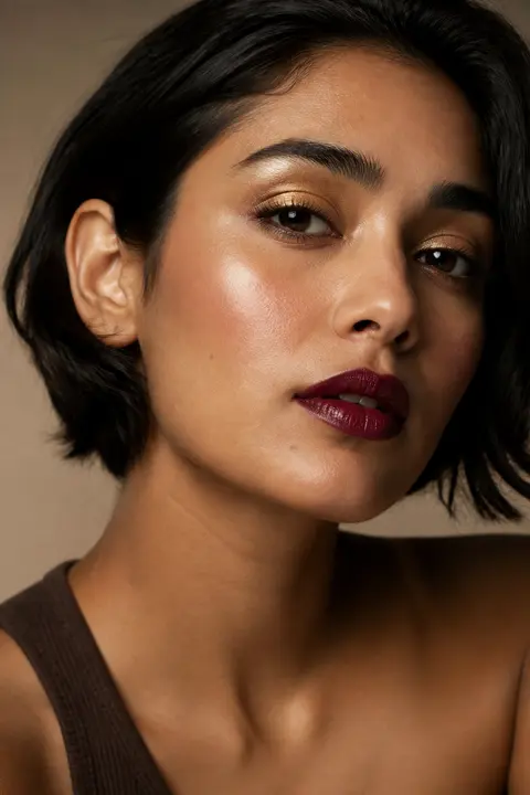 Berry Lip & Gold Eyeshadow: Olive Skin and Dark Bob