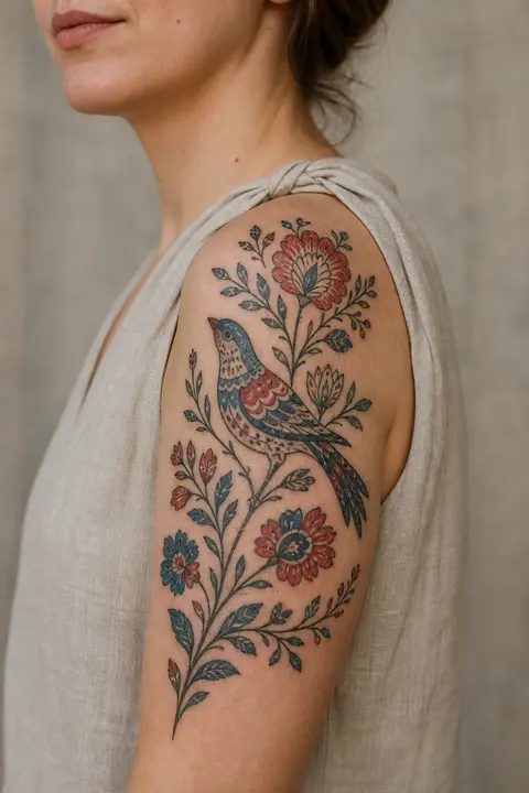 Folk Bird and Flower Shoulder Tattoo