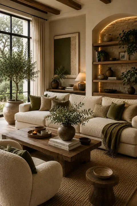 Warm Rustic Living Room with Olive Green Accents