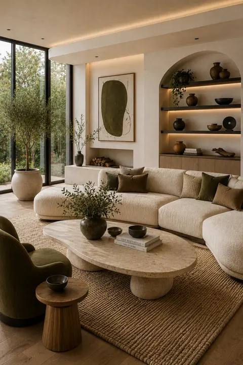 Organic Modern Living Room with Travertine Coffee Table