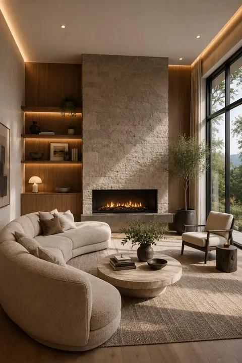 Modern Living Room with Stone Fireplace