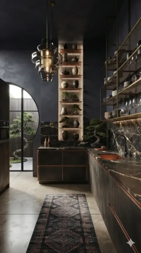 All-Black Kitchen With Bonsai Accent