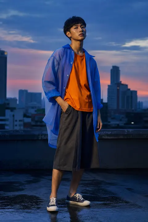 Cobalt Shell Jacket with an Orange Tee