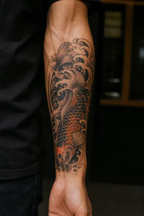 Japanese Koi and Waves Tattoo on Inner Forearm