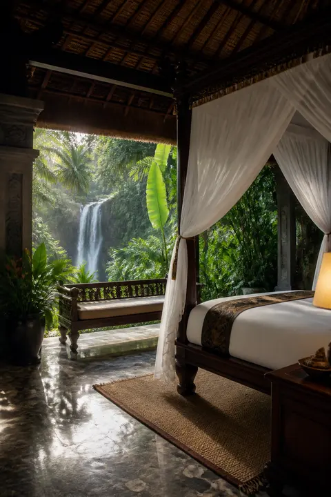 Open Air Tropical Bedroom by a Waterfall