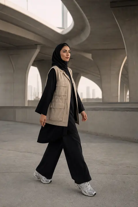 Utility Vest with Wide Black Trousers and Hijab