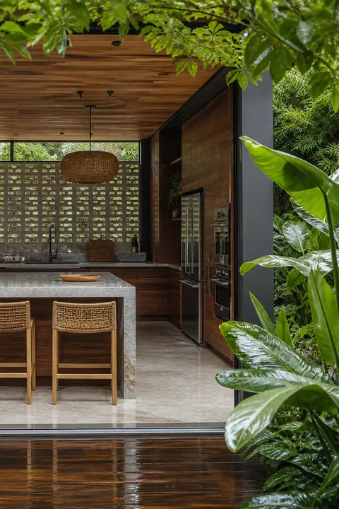 Open Tropical Kitchen Surrounded by Greenery