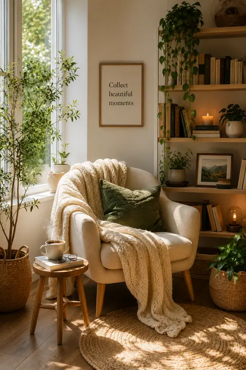 Cozy Reading Corner with Plants and Soft Sunlight