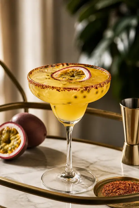 Passion Fruit Mezcal Margarita on a Minimal Home Bar Cart