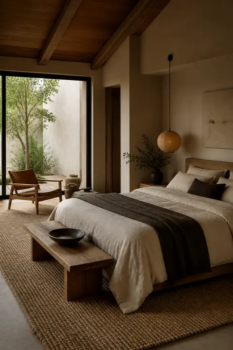Warm Japandi Bedroom: Linen Bedding and Rug