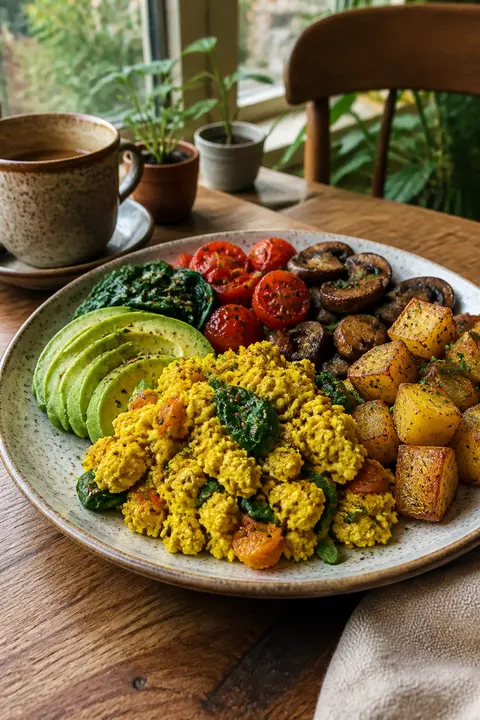 Tofu Scramble Breakfast with Potatoes and Avocado