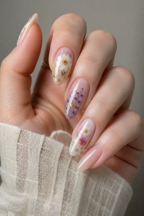 Pressed Flower Gel Medium Almond Nail Design