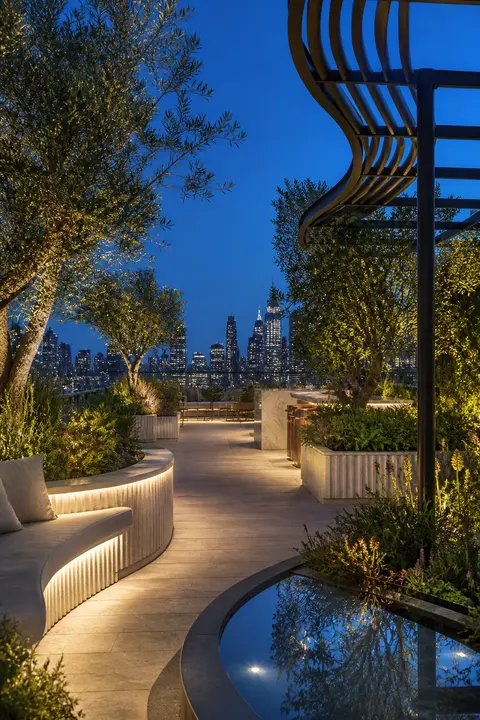 Curved Rooftop Garden at Blue Hour