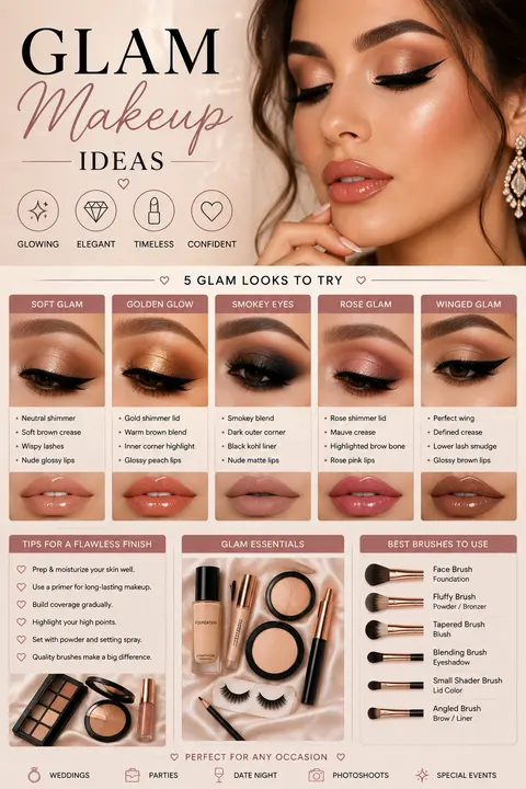 Glam Makeup Ideas with Smokey Eyes, Gold & Rose Shimmer