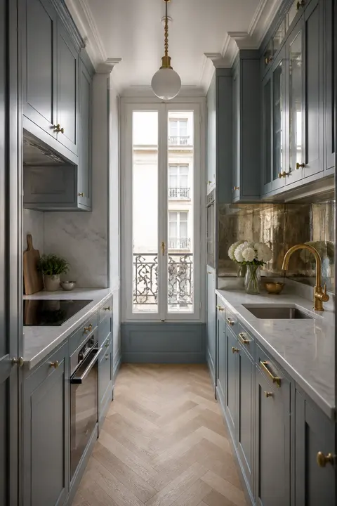 Blue Parisian Galley Kitchen with Brass Accents