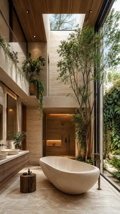 Luxury Spa Bathroom with Stone Tub and Indoor Trees