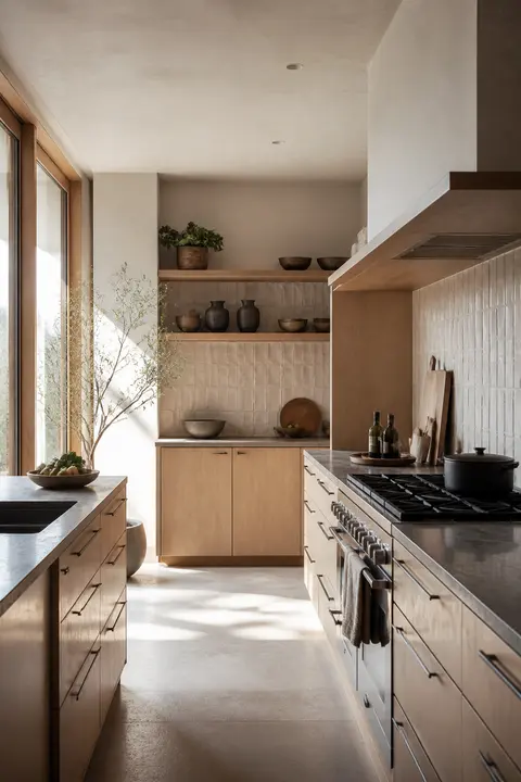 Pale Japandi Kitchen Featuring Open Shelves and Backsplash