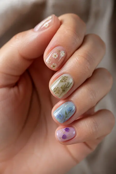 Short Square Nails with Pressed Flower Gel