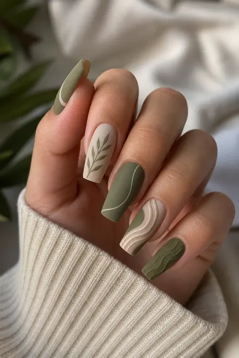 Soft Coffin Matte Olive Contour Manicure