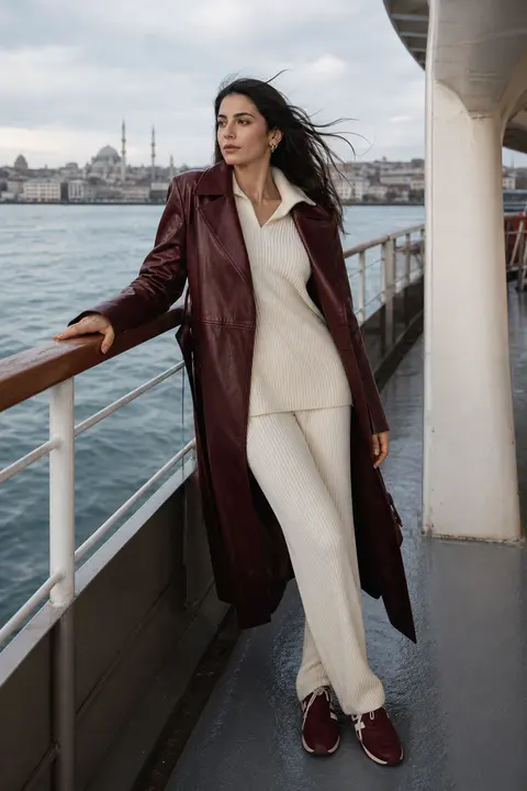 Oxblood Leather Coat over an Ivory Knit Set
