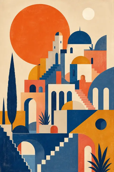 Geometric Mediterranean Village at Sunset