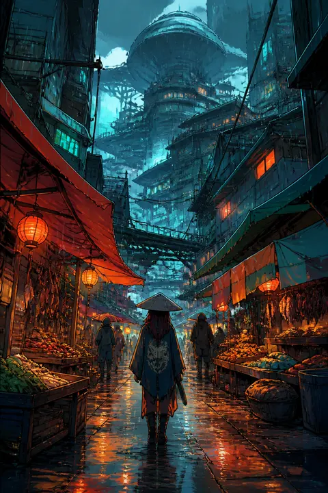 Cel-Shaded Art: Cyberpunk Rainy Market