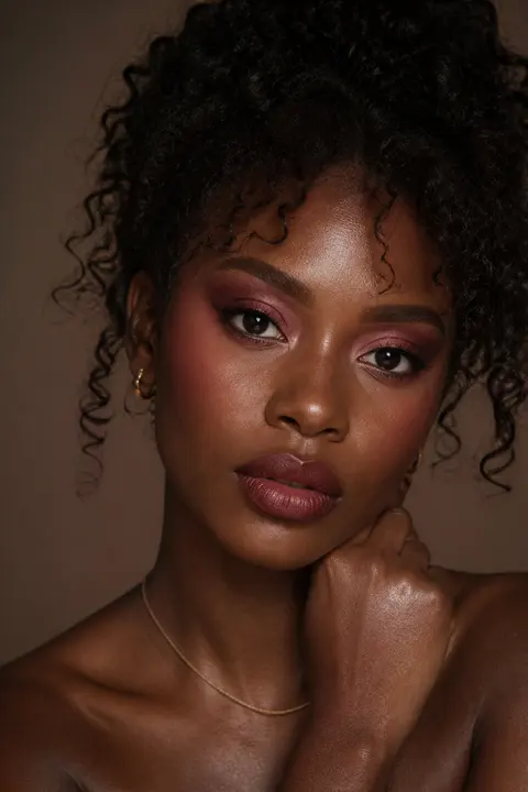 Rose Monochrome Makeup on Deep Skin and Curls