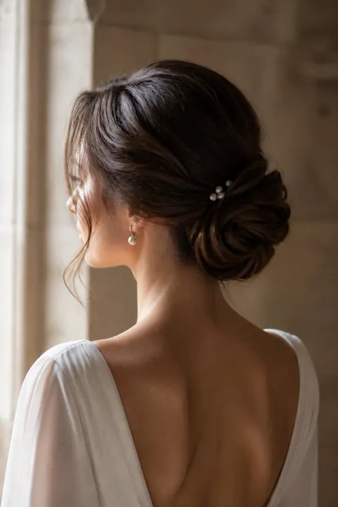 Romantic Low Bun with Pearl Hair Pins