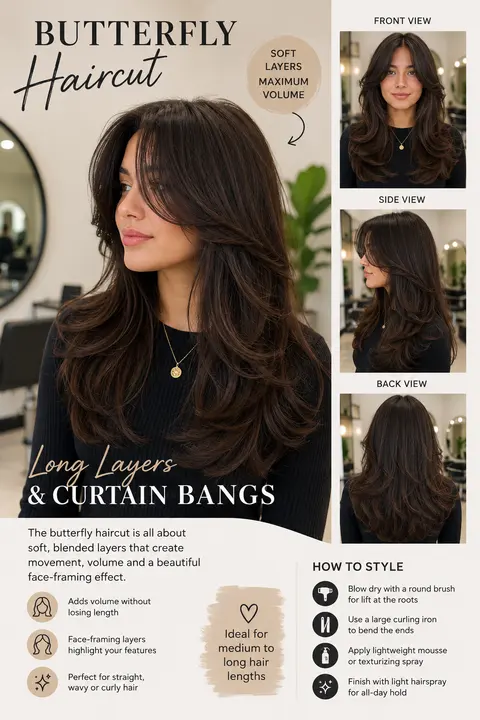 Butterfly Haircut with Long Layers and Curtain Bangs