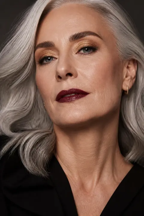 Silver Hair — Berry Lip & Gold Eyeshadow