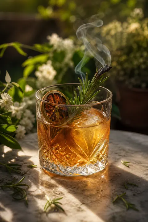 Sunlit Garden Table with Smoked Rosemary Old Fashioned
