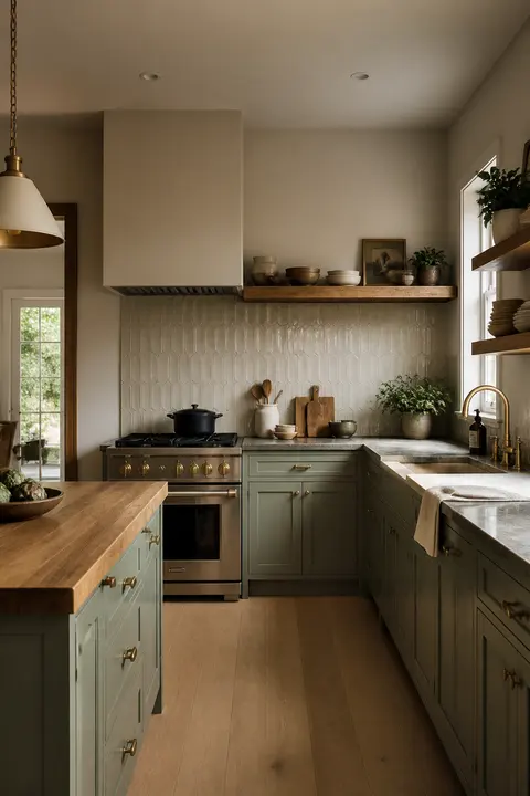 Sage Shaker Kitchen Featuring Open Shelves and Backsplash